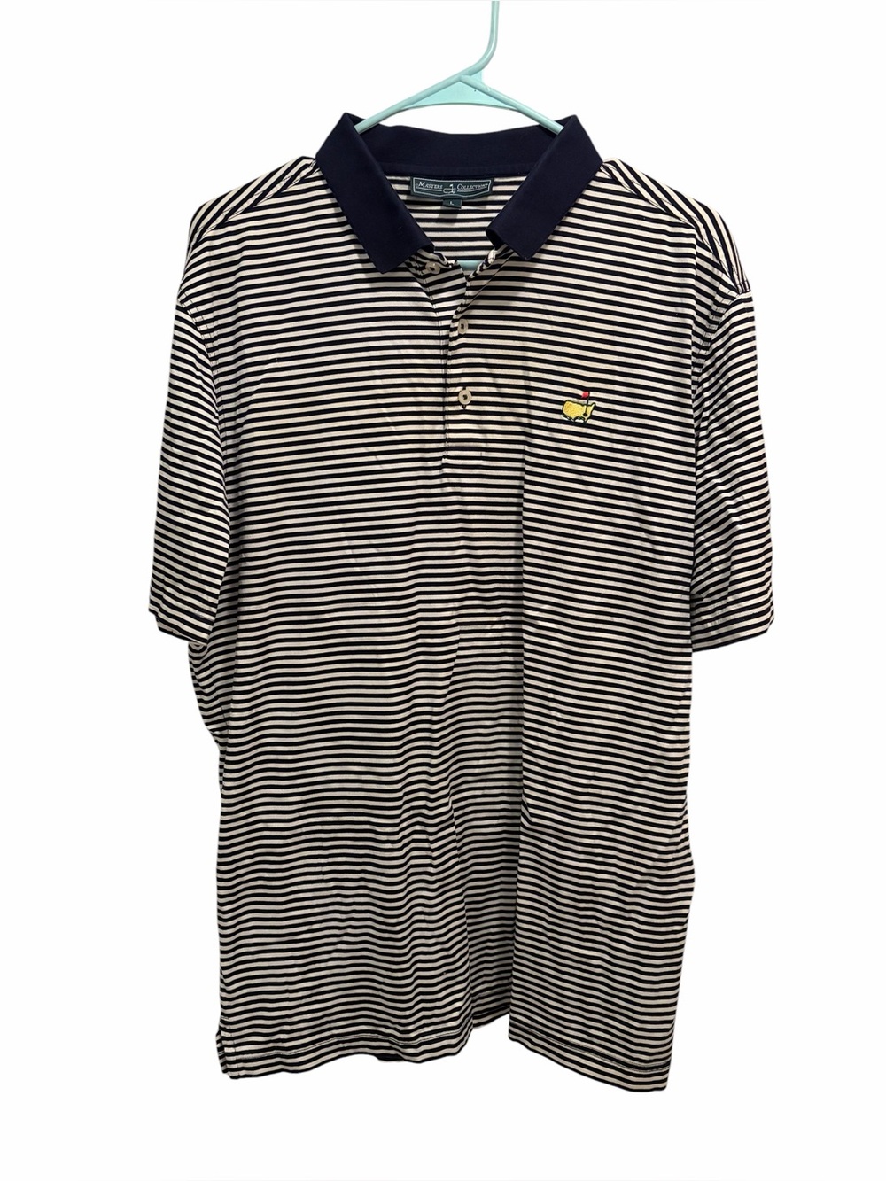 Masters Collection Navy & White Striped Polo with Embroidered Logo. Size Large